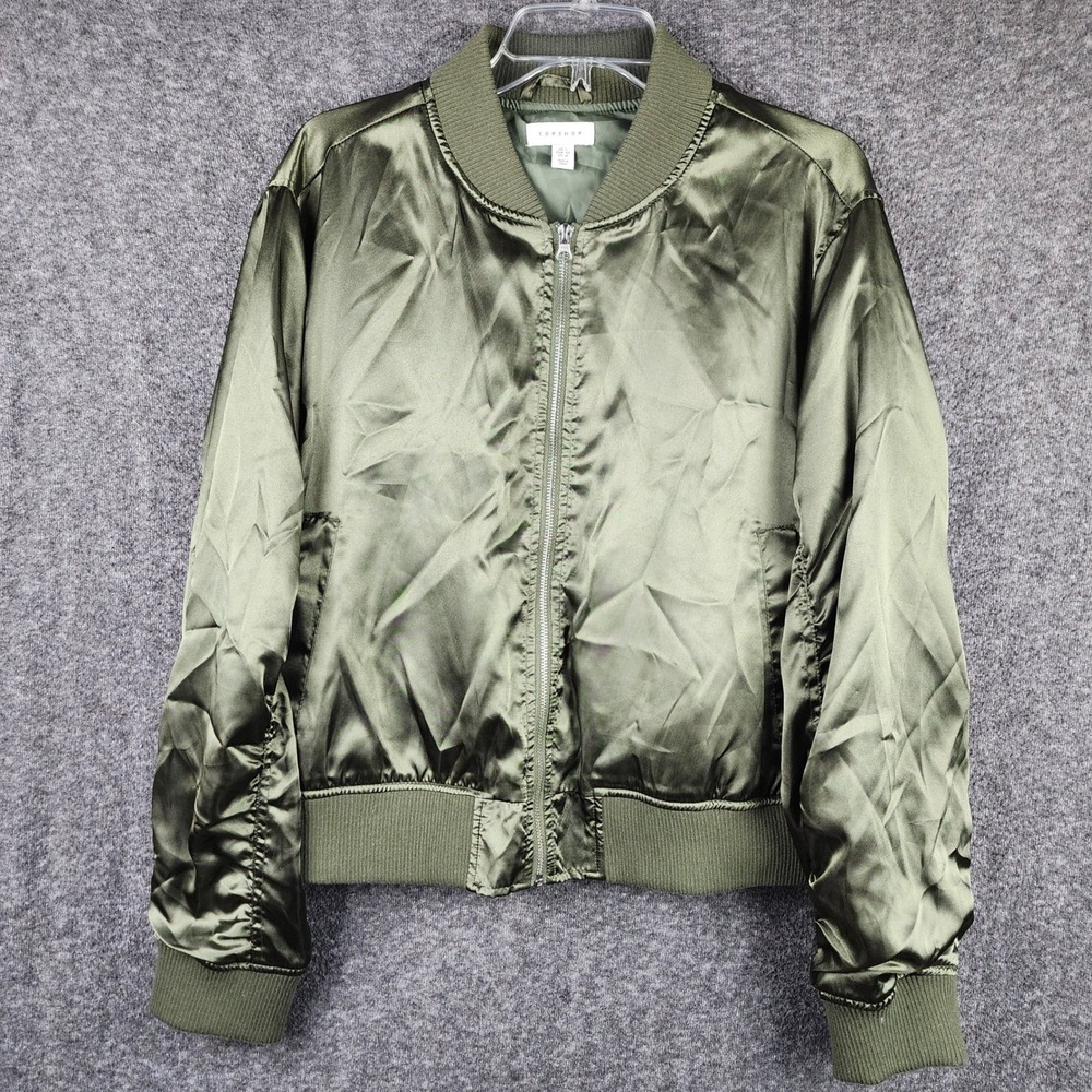 Topshop Bomber Jacket Womens 12 Satin Olive Green Ribbed Trim EUC